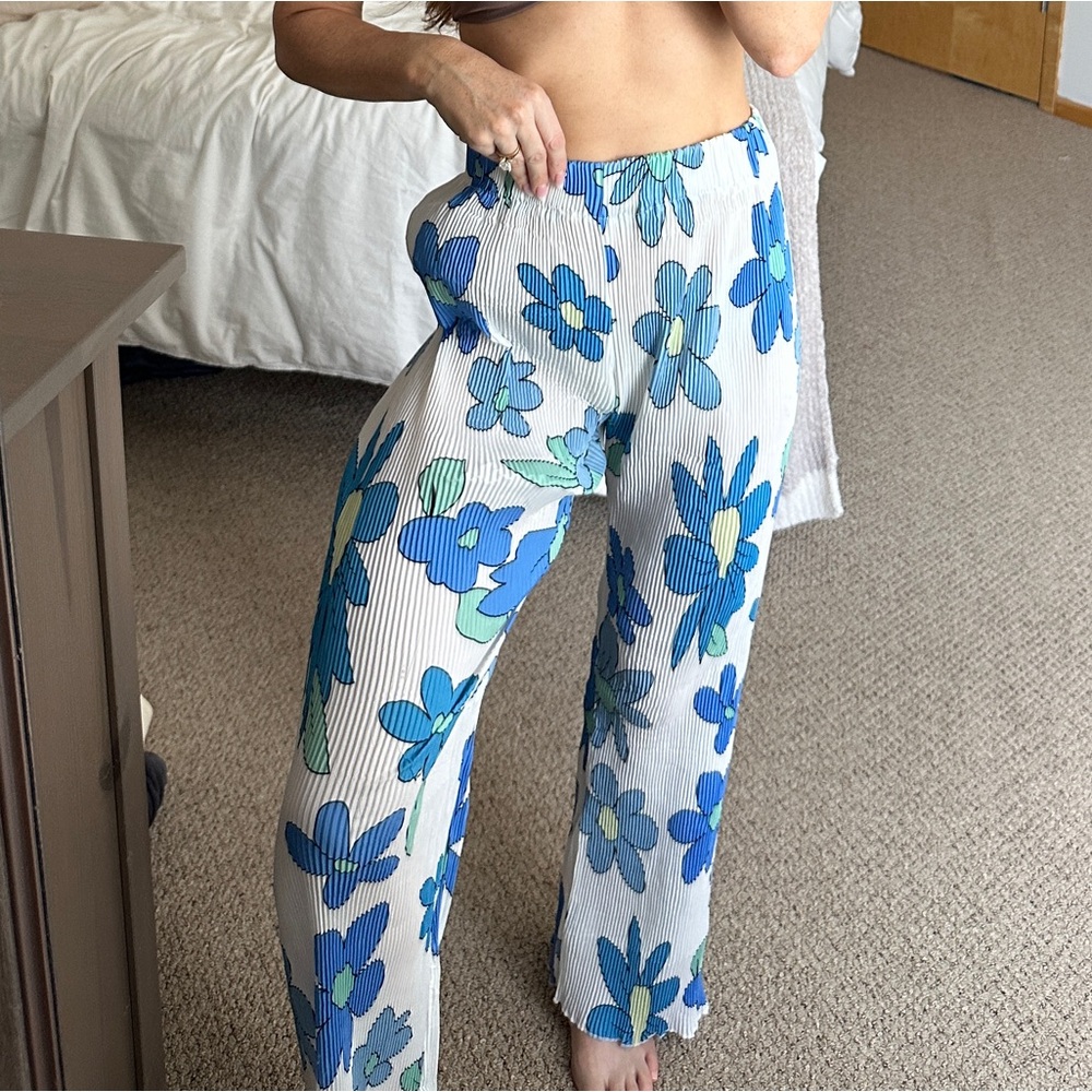 Floral Blue and White Women's Lounge Pants (semi sheer)
